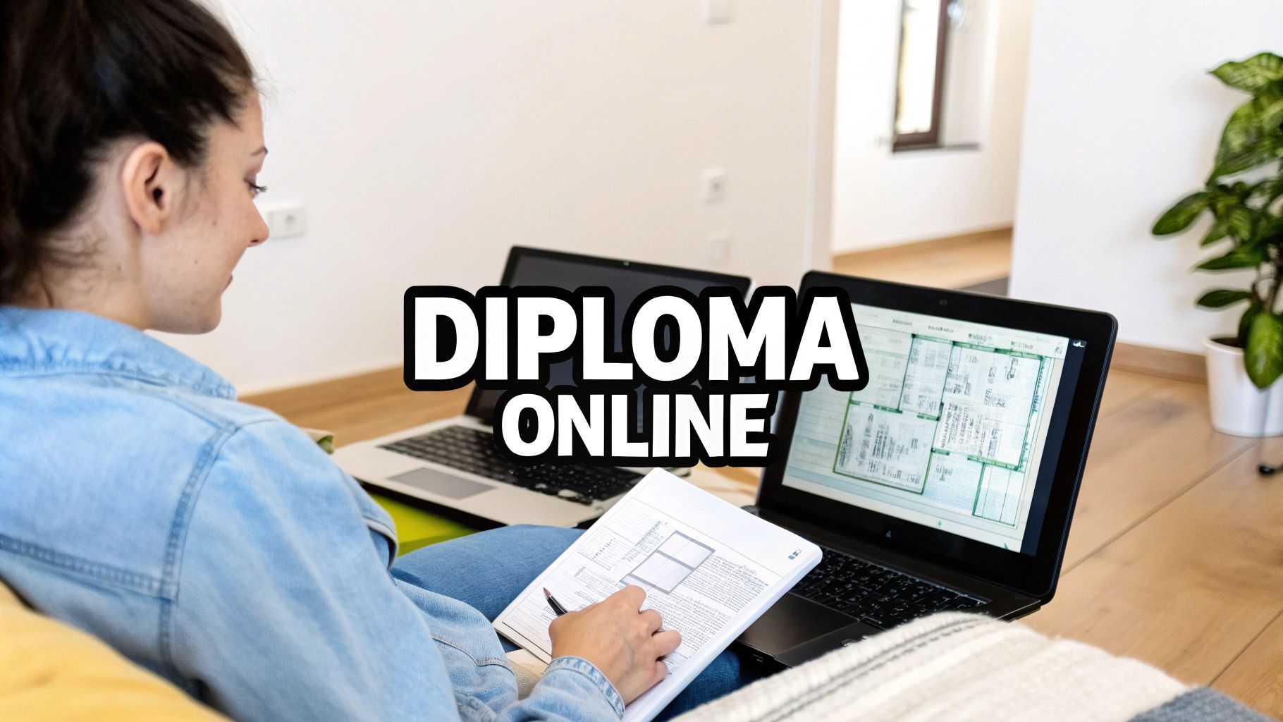 Una persona studia da casa con due laptop e documenti, focalizzata su un programma di diploma online.